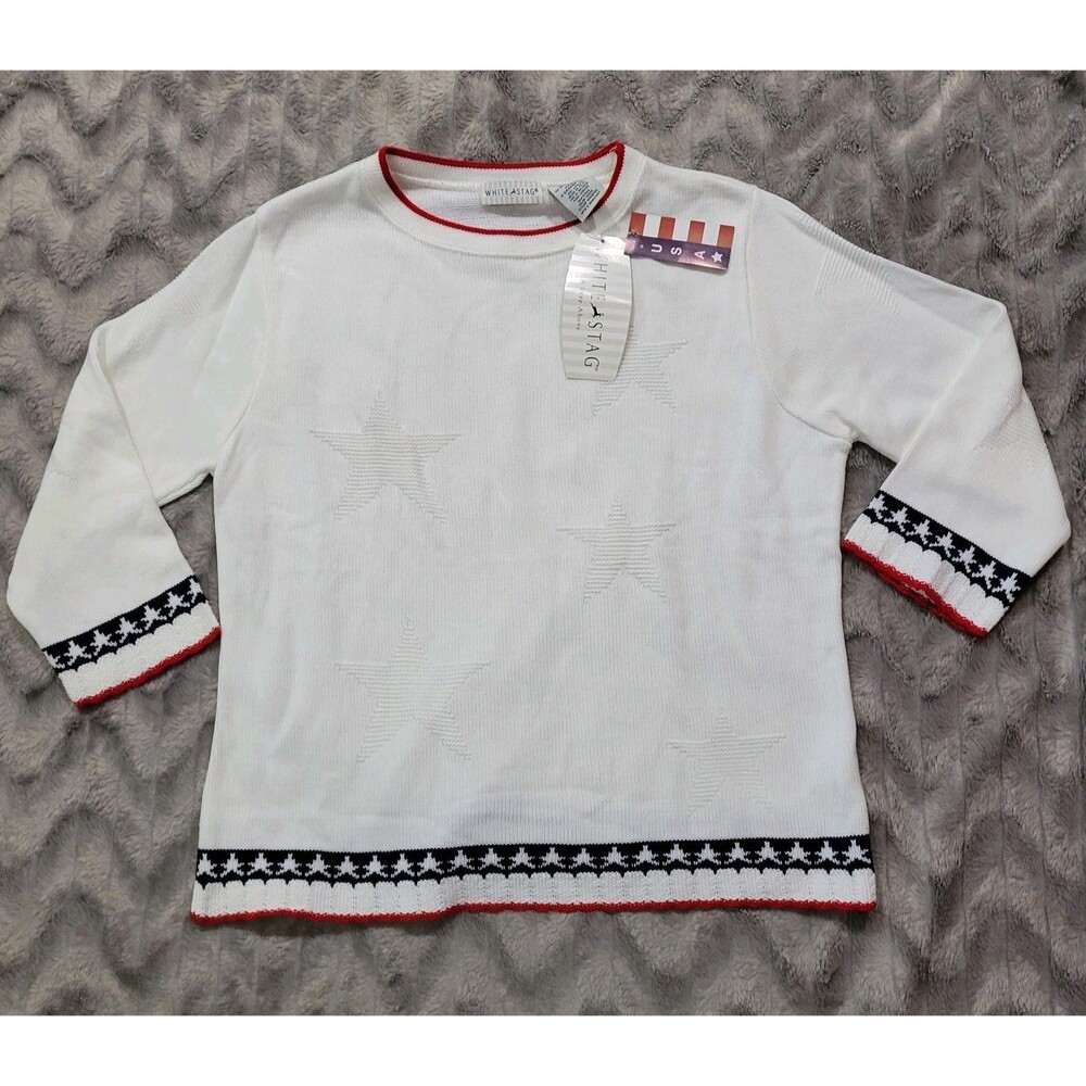 White Stag Vintage Y2K Womens XL 16/18 White Star Patriotic Sweater Made USA NWT